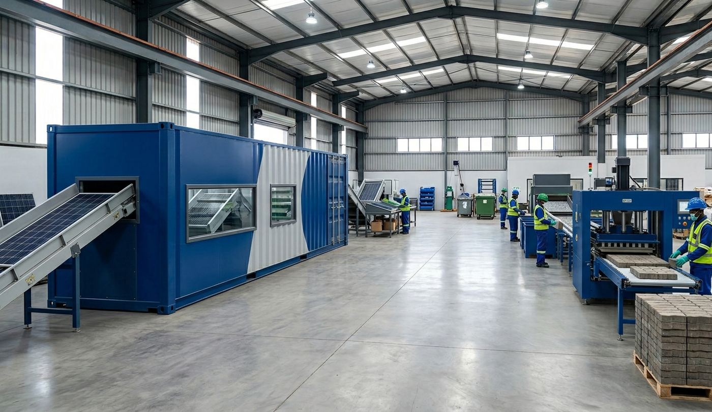 Inside an EWaste Africa processing line: decommissioned panels feed in on the conveyor at left, pass through the containerised processing unit, and Interlocking Eco-Pavers are palletised at the far end